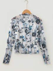 Top a maniche lunghe a maniche lunghe con scollo alto in rete floreale azzurro cielo - Miniatuur