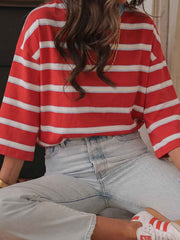 Racing Red Striped Bow Tie Hollowed Back 7/8 Sleeve Casual T-Shirt - Miniatuur
