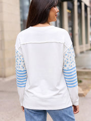 Beige Floral Striped Long Sleeve Contrasted Pullover Top - Women's Fashion Image 2 - Miniatuur