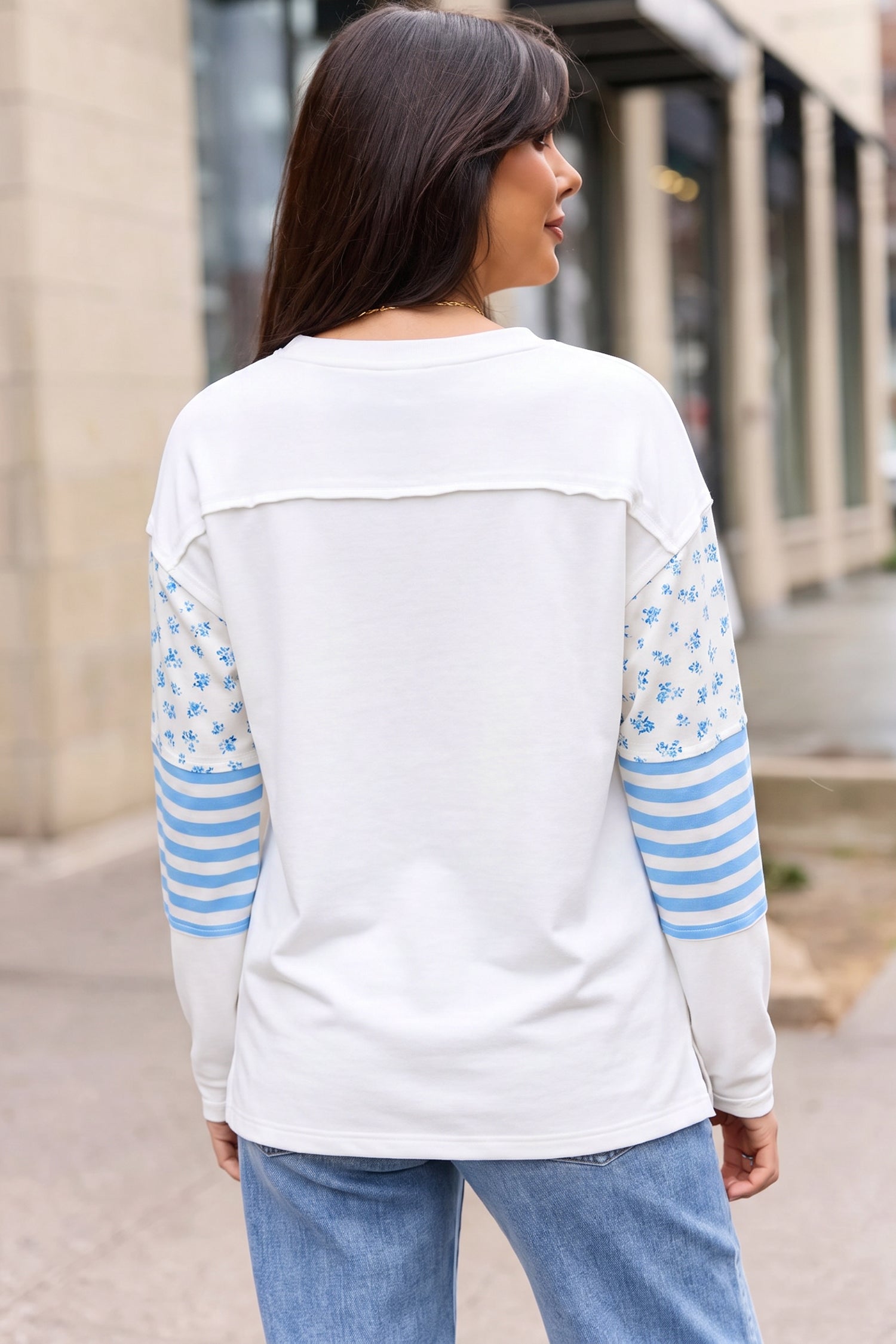 Beige Floral Striped Long Sleeve Contrasted Pullover Top - Damesmode Afbeelding 2