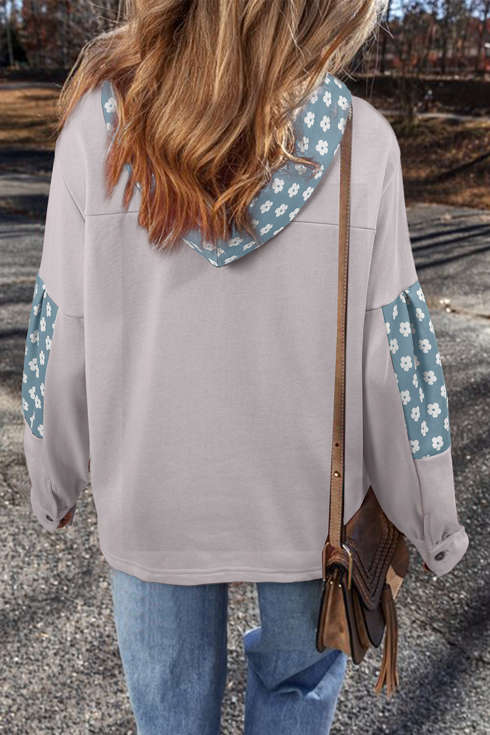 Apricot Floral Patchwork Star Pattern Drawstring Hoodie - Damesmode Afbeelding 5