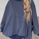 Blauw Stripe Rippen-Patchwork-Mock-Neck-Pullover-Pullover-Matching Shorts-Set