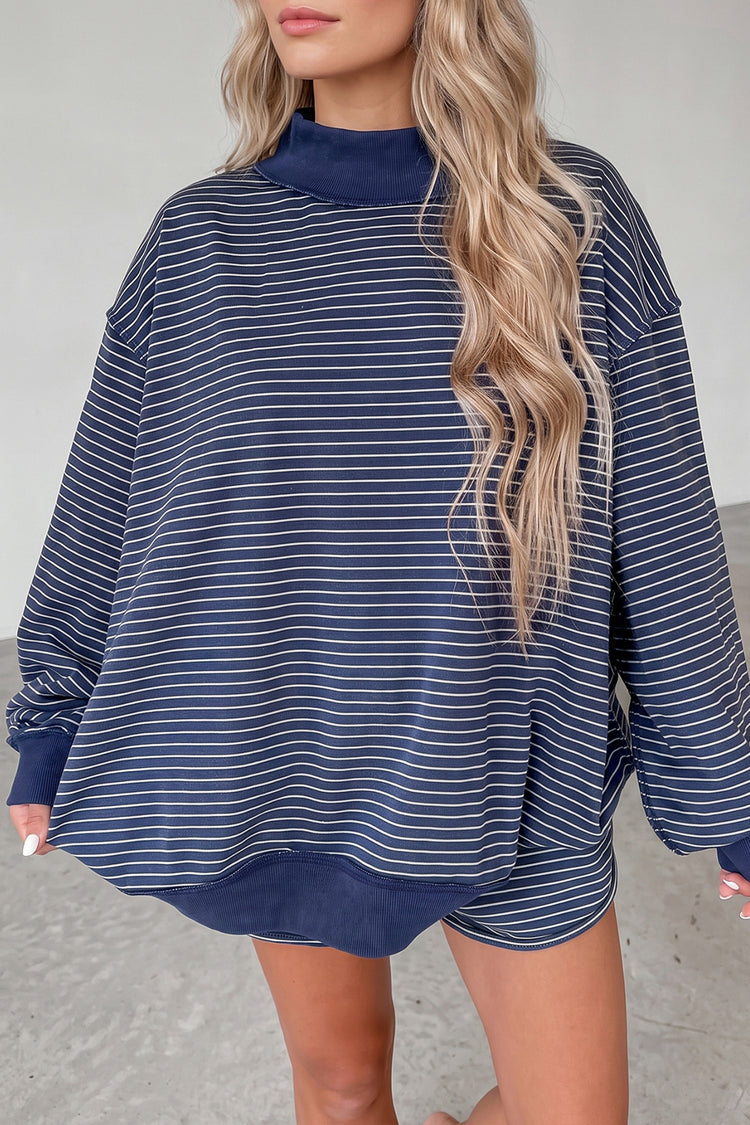 Blue Stripe Ribbed Patchwork Mock Neck Baggy Pullover Matching Shorts Set - Damesmode Afbeelding 1 - Damesmode
