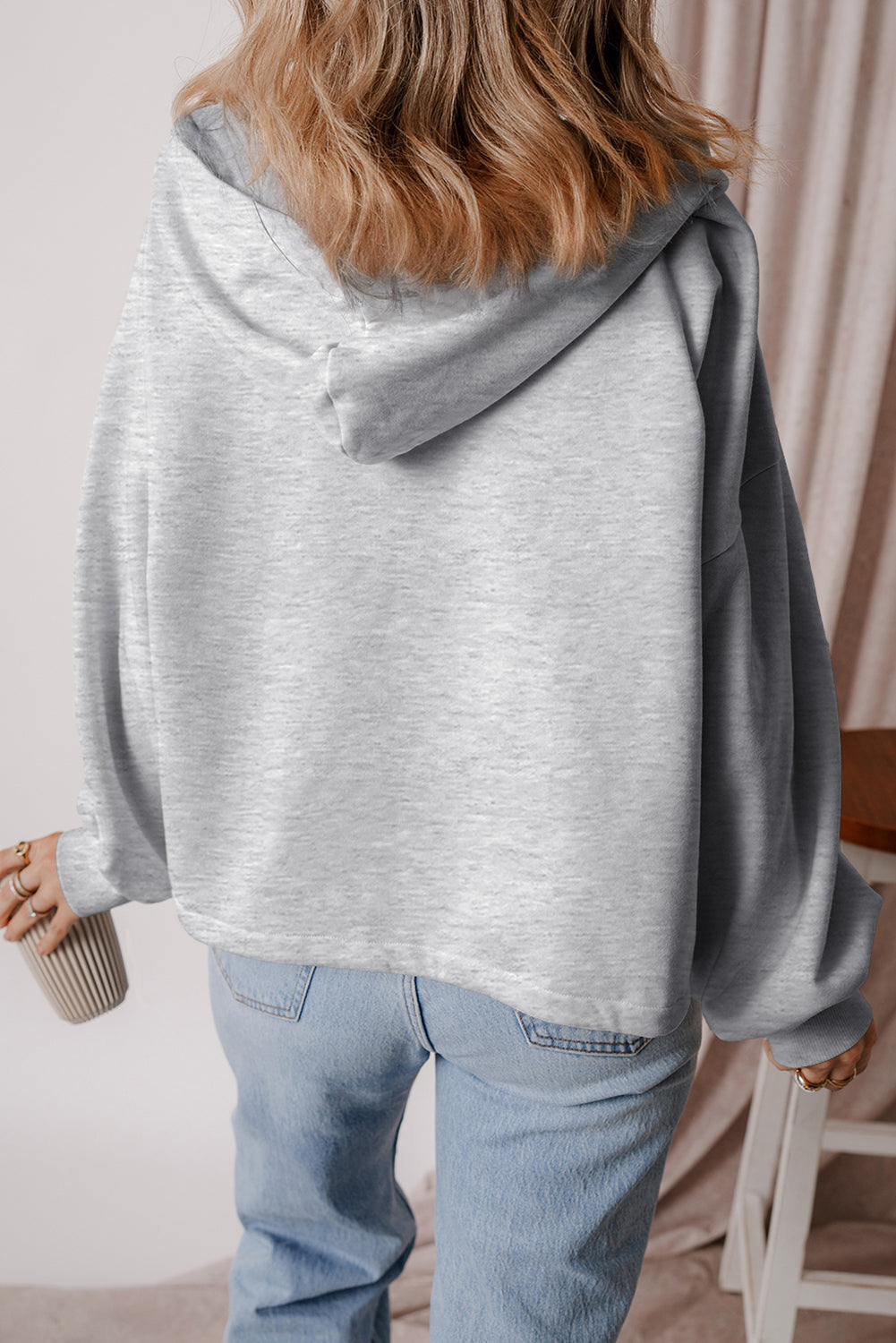 Aruba Blue Fleece Lined Half Zipper Kangaroo Pockets Loose Hoodie - Damesmode Afbeelding 5