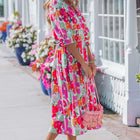 Rose Vibrant Floral Print V Neck Zip Up Puffy Half Sleeve Dress - Thumbnail