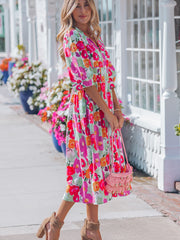 Rose Vibrant Floral Print V Neck Zip Up Puffy Half Sleeve Dress - Miniatuur
