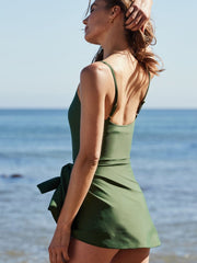 Mist Green Side Tied Waist Square Neck Adjustable Straps A-line One Piece Swim Dress - Miniatuur