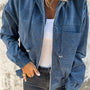 Real Teal Corduroy Drawstring Hooded Pocket Zip Up Jacket