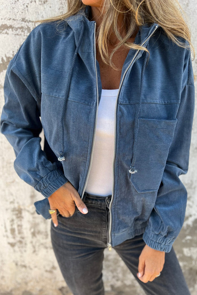 Real Teal Cord Zuchschnouer Kapuzen-Täsch Zip-up Jackett - Damesmode