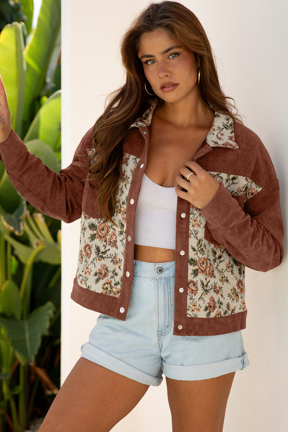 Veste Dearlovers Sage Green Sage Style chemise à motifs de fleurs retro à motifs de patchwork