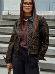 Multicolour Leopard Print Colorblock Collar Metal Placket Jacket - Miniatuur