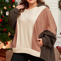 Brown Exposed Seam Colorblock Plus Size Hoodie - Damesmode Afbeelding 3 - Foto 3