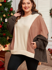 Brauner Farbblock Plus-Size-Hoodie – Damesmode Afbeelding 3 - Miniatuur