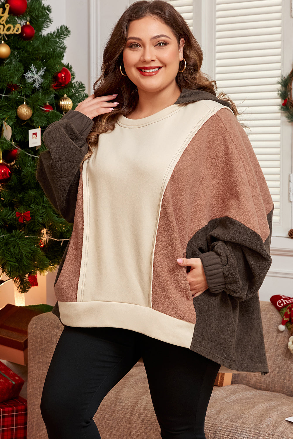 Brown Exposed Seam Colorblock Plus Size Hoodie - Damesmode Afbeelding 3