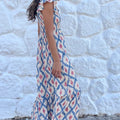 Sky Blue Ethnic Geometric Print Square Neck Smocked High Waist Ruffle Sleeve Dress - Foto 2