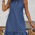 Blue Polka Dot Ruffle Hem Sleeveless Denim Mini Dress - Damesmode Afbeelding 3 - Foto 3