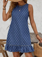 Blue Polka Dot Ruffle Hem Sleeveless Denim Mini Dress - Women's Fashion Image 3 - Miniatuur
