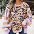 Khaki Stripe Color Block Patchwork Leopard Casual Sweatshirt with Slits - Foto 6