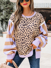 Khaki Stripe Color Block Patchwork Leopard Casual Sweatshirt with Slits - Miniatuur