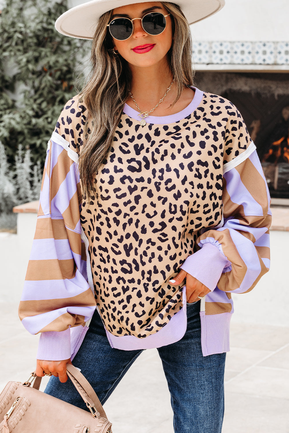 Khaki Stripe Farbblock Patchwork Leopard Casual Sweatshirt mit Schlitzen