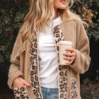 Casual Leopard Print Accent Plush Jacket with Pockets - Thumbnail
