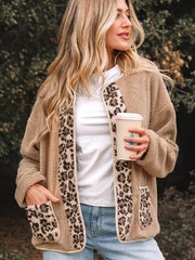 Chaqueta de peluche casual con estampado de leopardo con acentos y bolsillos - Miniatuur