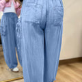 Beau Blue Drawstring Elastic Waist Pocketed Loose Denim Pants - Damesmode Afbeelding 2 - Foto 2