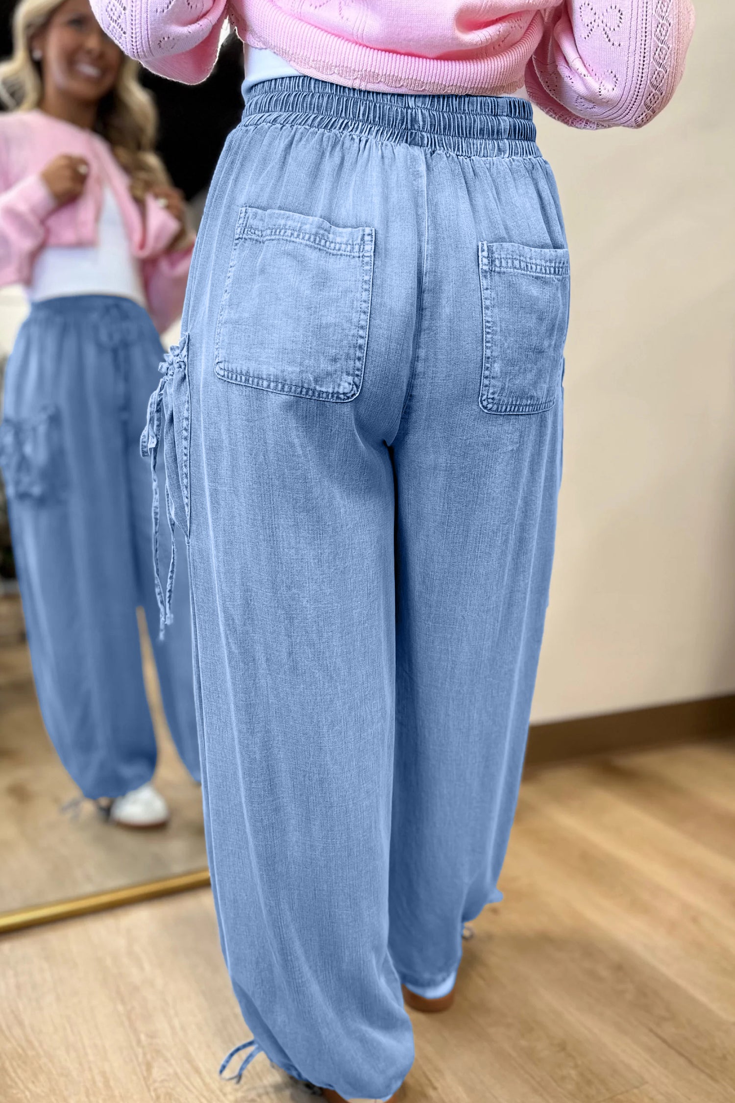Beau Blue Drawstring Elastic Waist Pocketed Loose Denim Pants - Damesmode Afbeelding 2