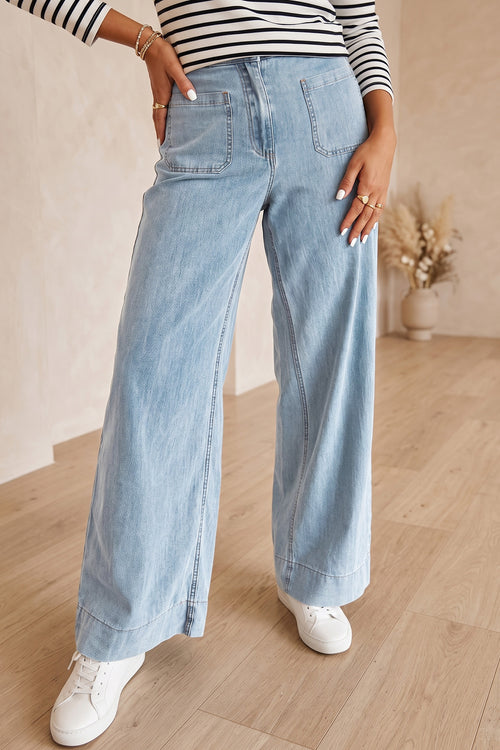 Beau Blue Solid Full-Length Regular Pocket Detail Wholesale Denim Jeans - Damesmode Afbeelding 1