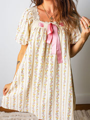 Multicolour Floral Print Contrast Ribbon Bow Lace Trim Square Neck Mini Dress - Miniatuur