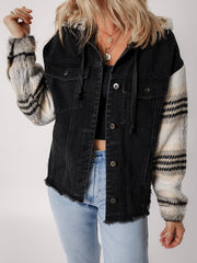 Black Plaid Sleeve Frayed Hem Hooded Denim Jacket - Damesmode Afbeelding 1 - Miniatuur