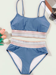 Dämmerungsblauer bunter Stitch Border Detail 2 Teile Bikini-Bikini-Badeanzug mit hoher Taille - Miniatuur