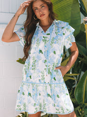 Sky Blue Floral Contrast Edge Layered Short Sleeve Mini Dress - Miniatuur