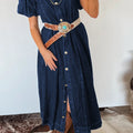 Sail Blue Full Buttons Collared Short Bubble Sleeve Long Denim Dress - Foto 1