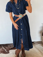 Vestido vaquero largo de manga burbuja con botones largos con botones de vela azul - Miniatuur