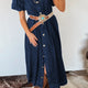 Sail Blauw Full Knoops Collarood Short Bubble Sleeve Long Spijkerstof Jurk