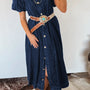 Vestido vaquero largo de manga burbuja con botones largos con botones de vela azul
