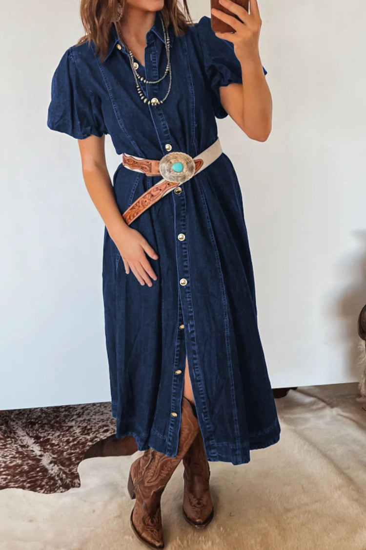 Sail Blue Full Buttons Collared Short Bubble Sleeve Long Denim Dress - Damesmode