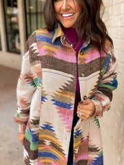 White Aztec Print Button Up Shacket - Miniatuur