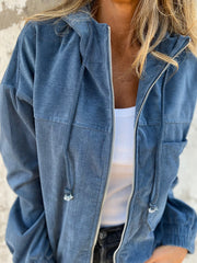 Real Teal Corduroy Drawstring Hooded Pocket Zip Up Jacket - Miniatuur