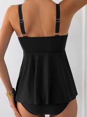 Navy Blue Spaghetti Straps Contrasted Ricrac Trim Flared Tankini 2pcs Swimsuit - Miniatuur