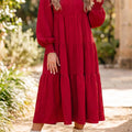 Rennrotes Einfarbiges Rüschen-Outfit Langärmeliges gestuftes Shift-Midi-Kleid - Foto 1