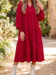 Racing Red Solid Color Ruffle Trim Long Sleeve Tiered Shift Midi Dress - Miniatuur