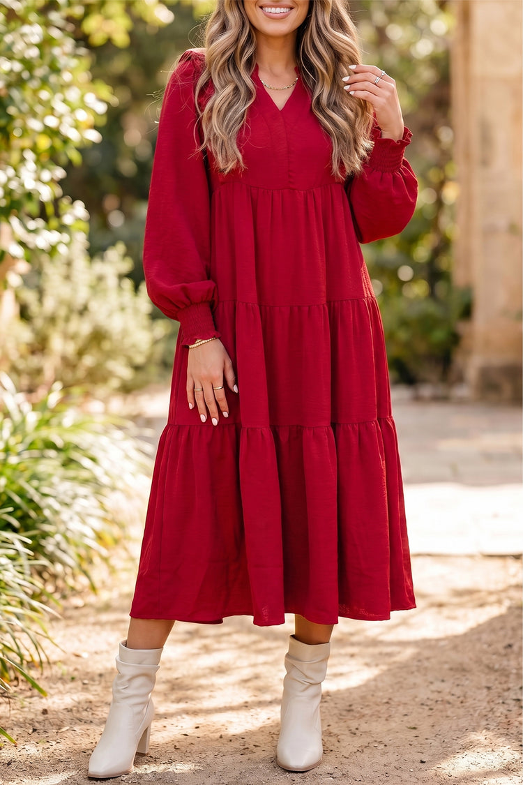 Rennrotes Einfarbiges Rüschen-Outfit Langärmeliges gestuftes Shift-Midi-Kleid - Damesmode