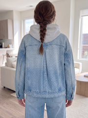 Sky Blue Polka Dot Long Sleeve Collar Pocket Casual Shift Silhouette Denim Jacket - Miniatuur