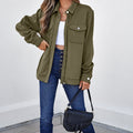 Blackish Green Solid Color Zip Up Button Flap Pocket Shirt Collar Jackets - Damesmode Afbeelding 5 - Foto 5