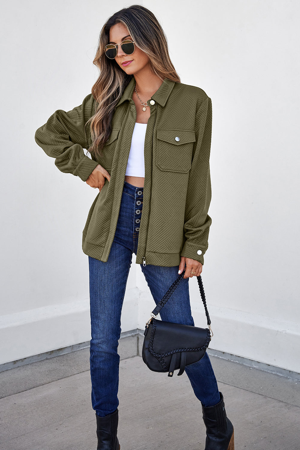 Blackish Green Solid Color Zip Up Button Flap Pocket Shirt Collar Jackets - Damesmode Afbeelding 5