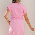 Bonbon Cuffed Short Sleeve Mix Fabric Patchwork Drawstring Mini Dress - Damesmode Afbeelding 2 - Foto 2