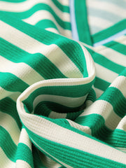 Green Striped Contrast Collar Split Neck Long Sleeve Mini Dress - Miniatuur
