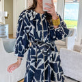 Blue Abstract Geometric Print Zip Front Tie Waist Shift Dress - Damesmode Afbeelding 3 - Foto 3